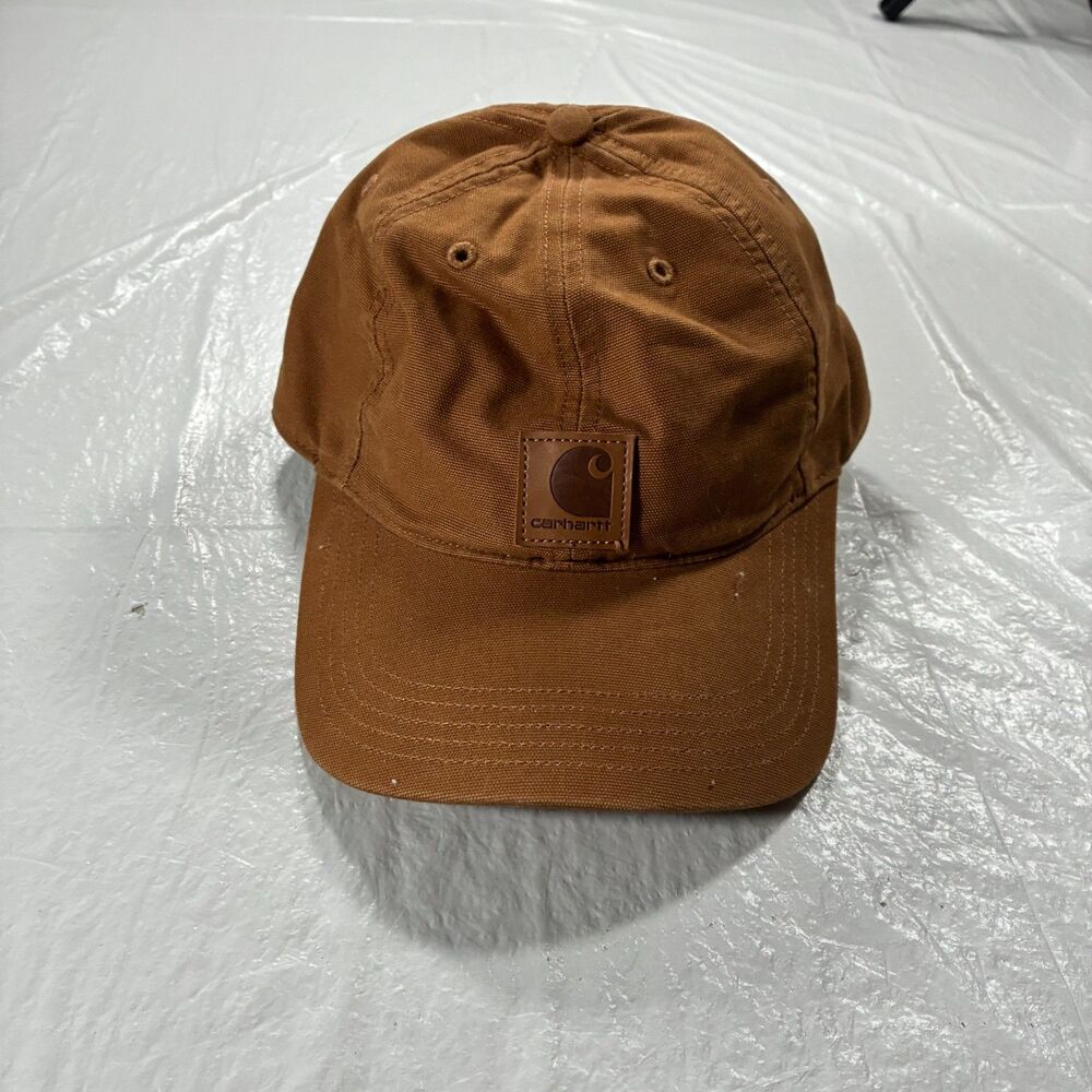Carhartt Hat Cap Strap Back Brown Canvas Work Leather Logo Patch Baseball Mens